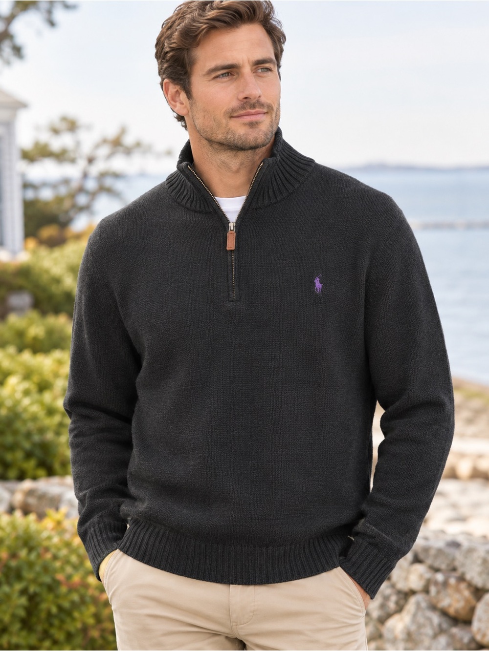 Ralph Lauren Men's Quarter-Zip Sweater in Black with Purple Pony